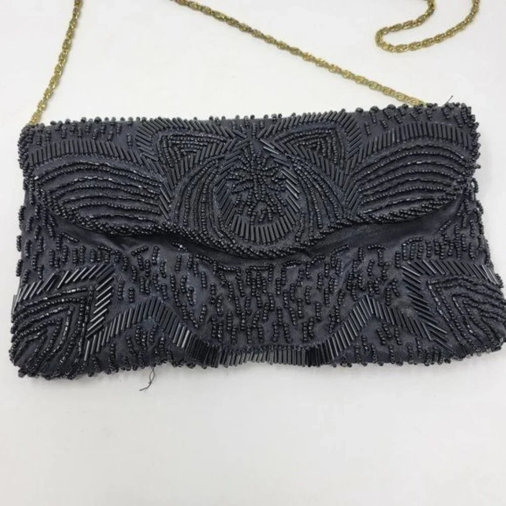 Vintage Black Beaded Evening Clutch With‎ Gold Chain Strap
